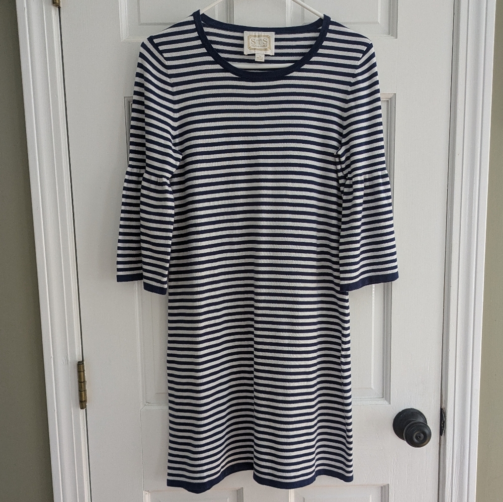 Sail to Sable navy blue and white nautical preppy striped sweater dress size M